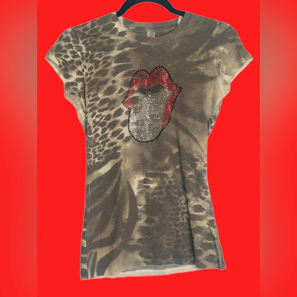 Rhinestone Rolling Stones Animal Print Top - Picture 1 of 3
